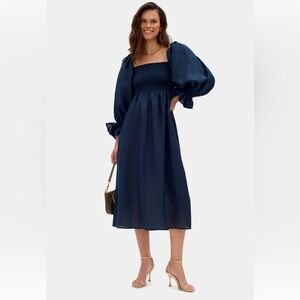 Sleeper Atlanta Linen Midi Dress in Navy - Large